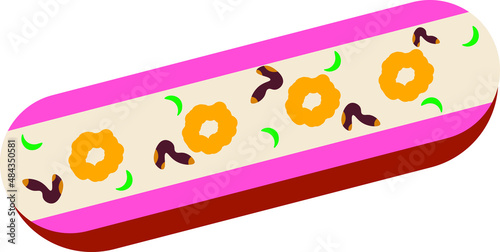 eclair with white and pink icing and nuts 