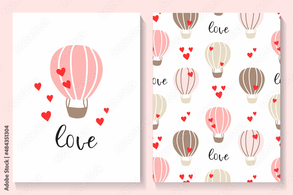 Set of Valentines card and seamless pattern with cute air balloons