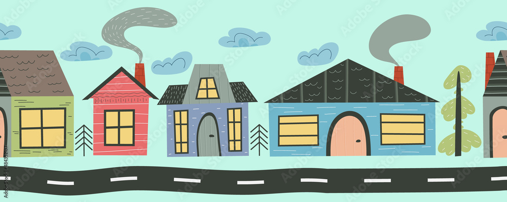 Scandinavian houses in a seamless border. Cute city street with houses and a road for children's design. Flat vector illustration