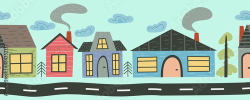Scandinavian houses in a seamless border. Cute city street with houses and a road for children s design. Flat vector illustration