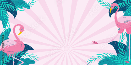 Summer banner with tropical leaves and flamingos on a pink background with space for text.Green leaves and pink bird. Flat vector horizontal illustration