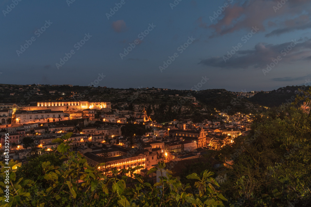 View of Modica City Centre at Night, Ragusa, Sicily, Italy, Europe