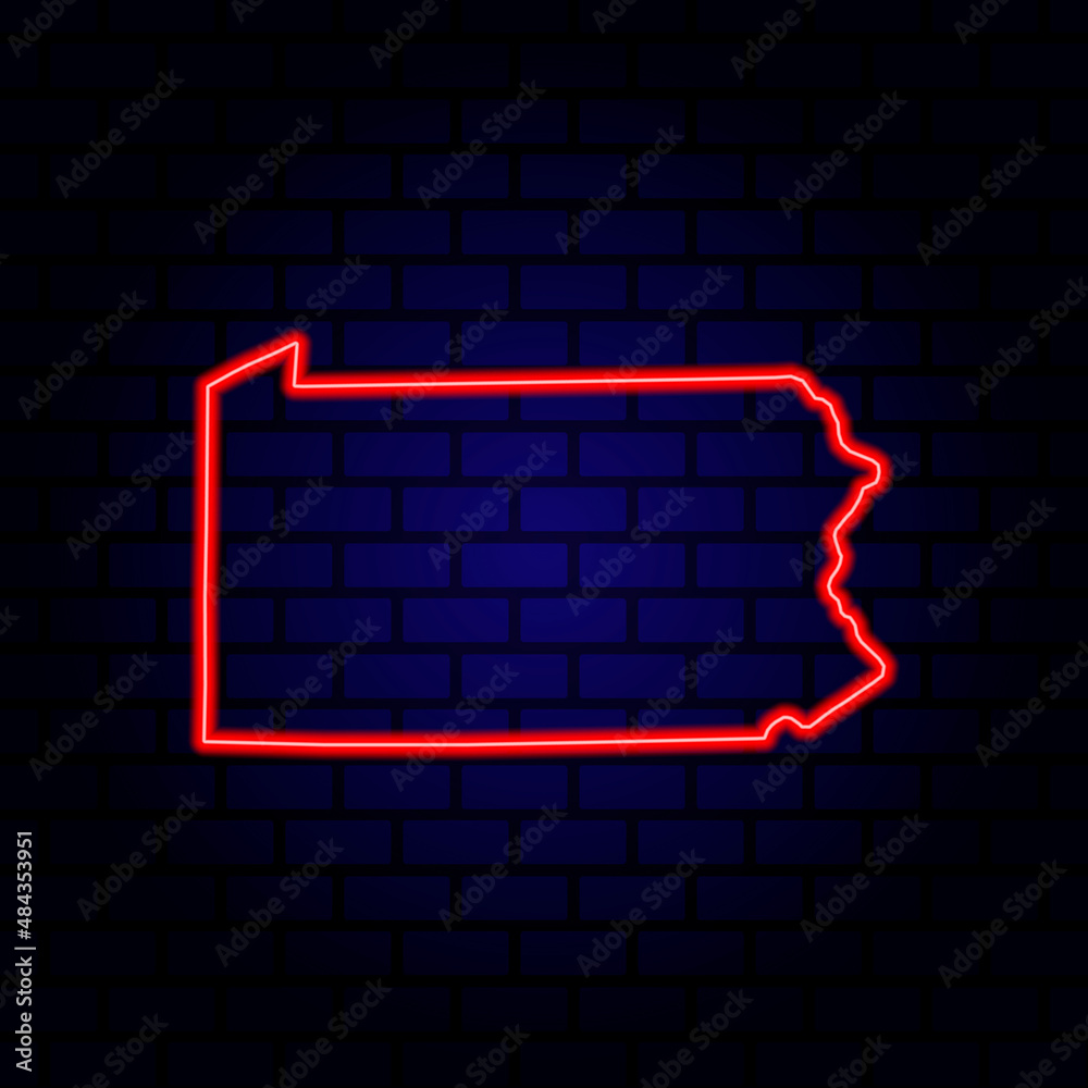 Neon map State of Pennsylvania on brick wall background. Neon map State of Pennsylvania on brick wall background.