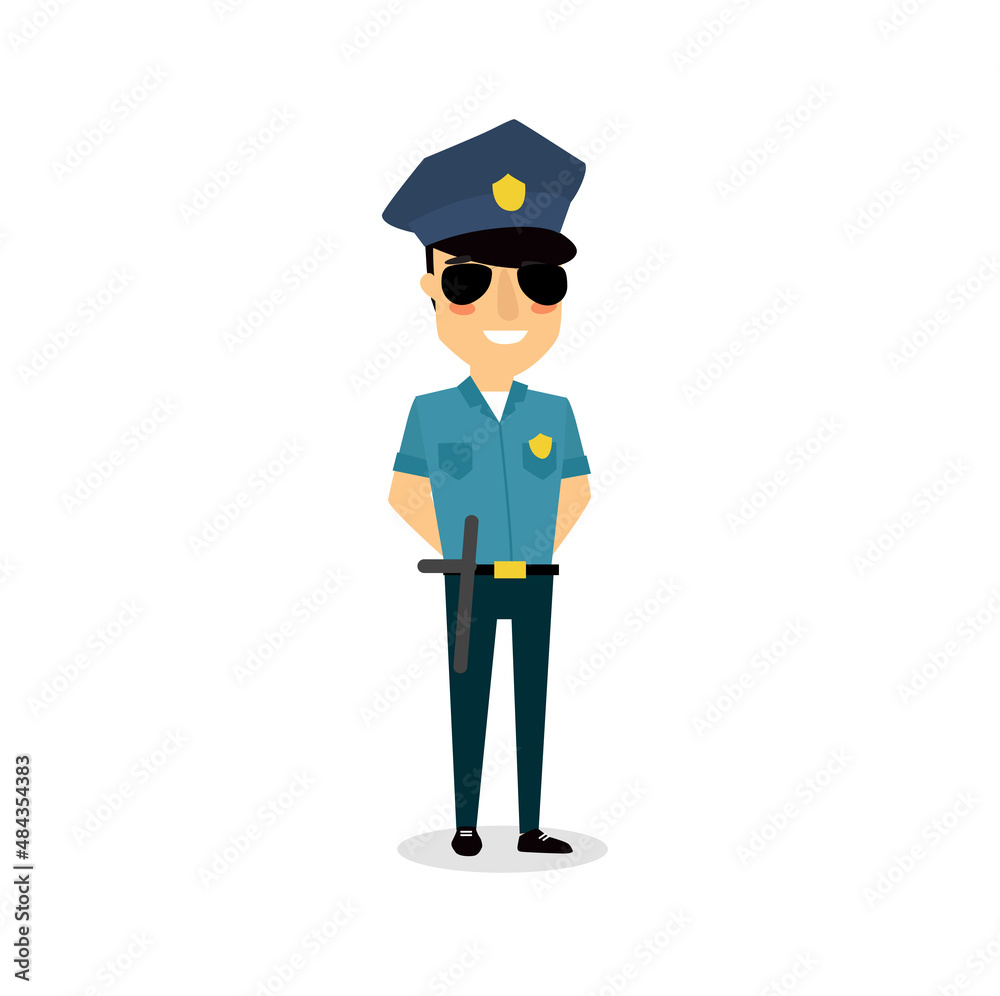 Print. Vector cartoon policeman. Men's profession

