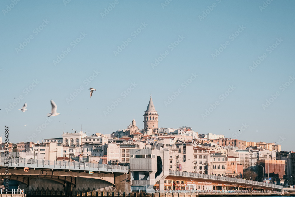 View of the area of the Galata Tower and the Galata Bridge of Istanbul from the opposite side of the golden horn. Beautiful view on a sunny winter day. Seagulls fly over Istanbul with the Galata Tower