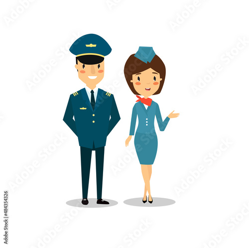 Print. Vector pilot and stewardess. cartoon airplane commander
