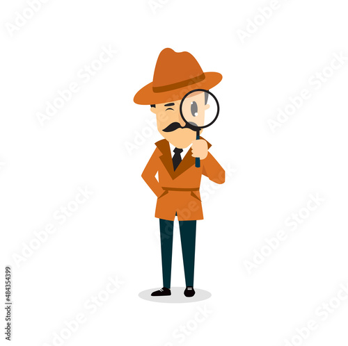 Print. Cartoon detective with a magnifying glass. Investigation 