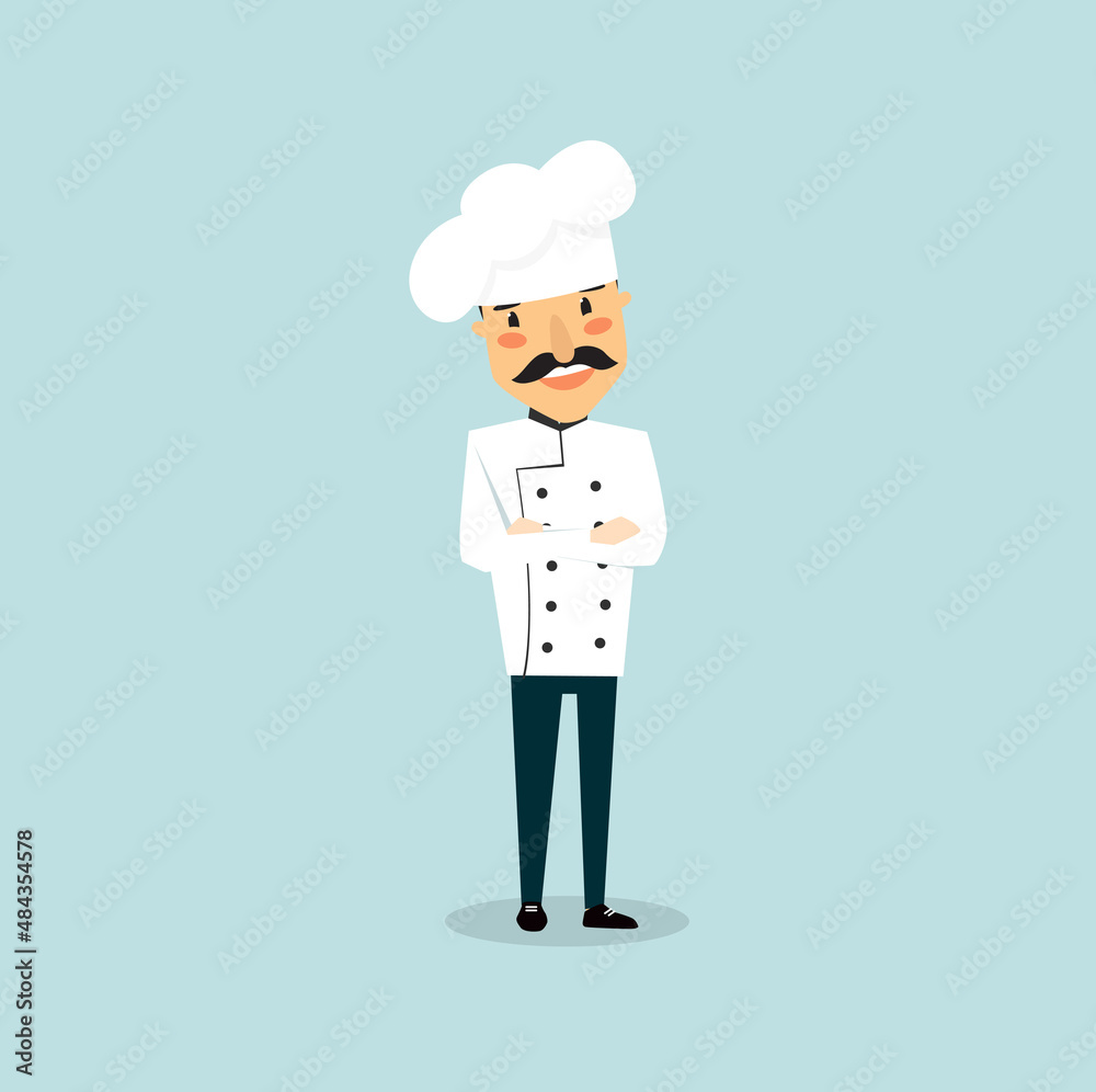 Print. Vector cartoon chef. Italian. Cheerful chef man
