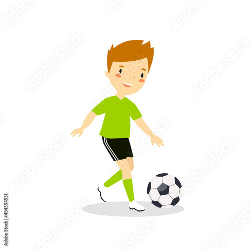 Fototapeta Naklejka Na Ścianę i Meble -  Print. Cartoon boy soccer player. The teenager plays football. Boy and ball. Cartoon character
