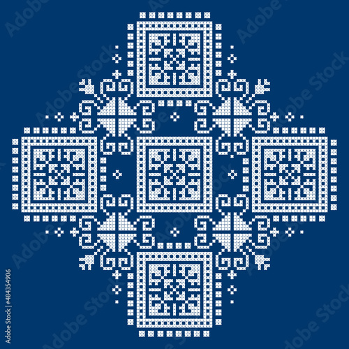 Zmijanje embroidery style vector pattern - traditional folk art design from Bosnia and Herzegovina with abstract geometric shapes in white on navy blue
