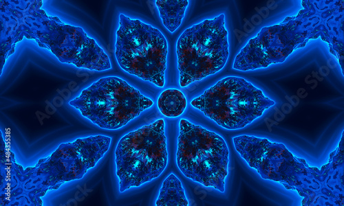 Blue navy kaleidoscope pattern abstract background. Circle pattern. Abstract fractal kaleidoscope background. Abstract fractal pattern geometrical symmetrical ornament. Kaleidoscope blue pattern