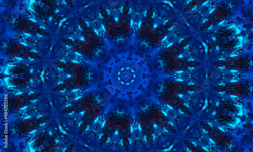 Blue navy kaleidoscope pattern abstract background. Circle pattern. Abstract fractal kaleidoscope background. Abstract fractal pattern geometrical symmetrical ornament. Kaleidoscope blue pattern