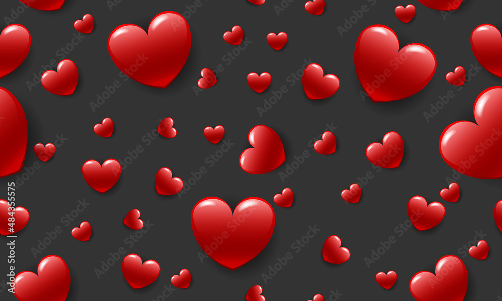 3D Red hearts on grey seamless pattern background vector