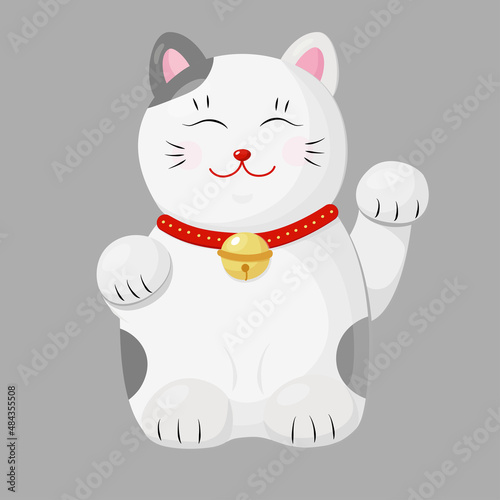 Maneki neko cat on white background. Cartoon vector illustration. Flat style. Funny toy. Traditional asian Isolated object.