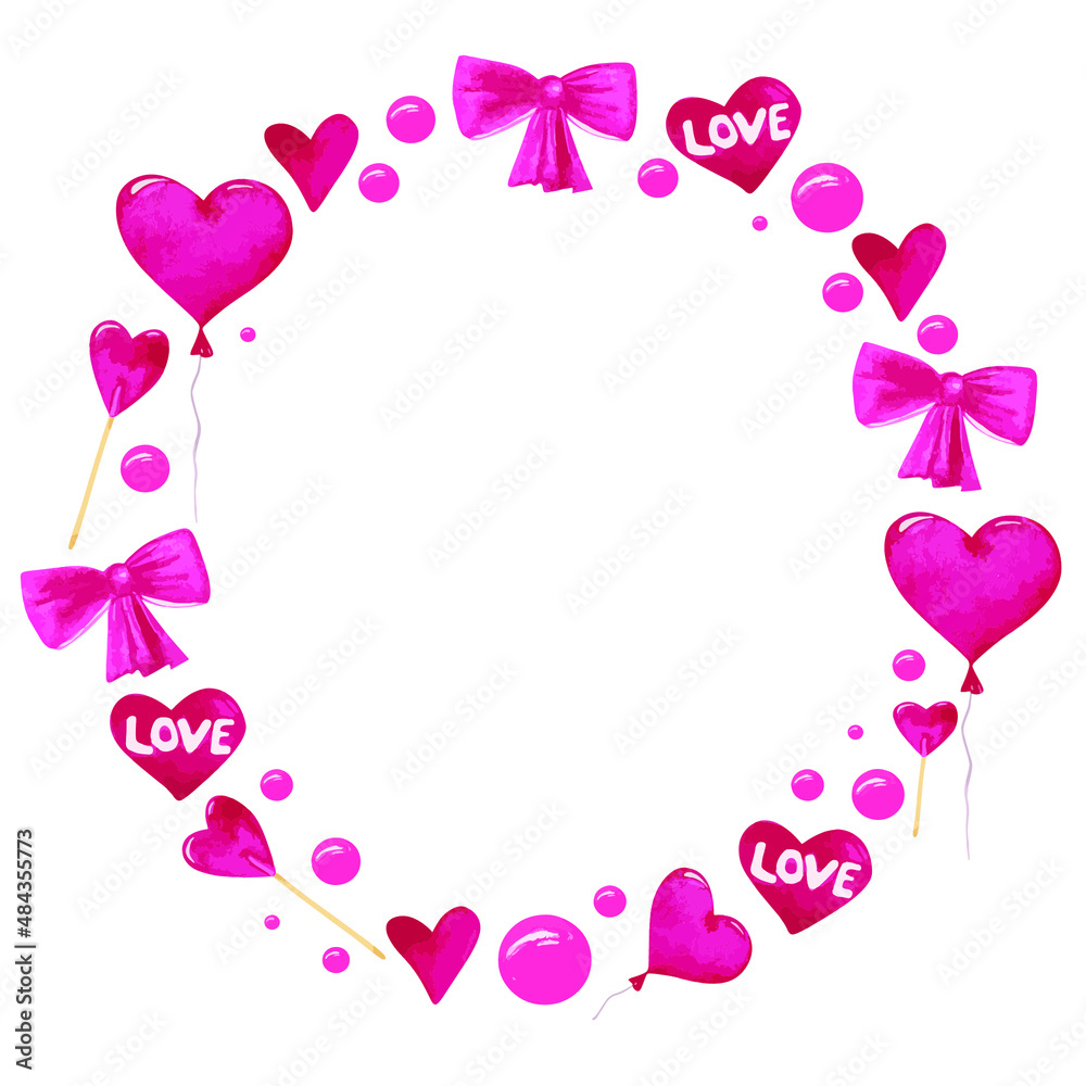 Vector Valentine's day frame is isolated on a white background. Watercolor hearts, bobbles, candies. Pink template for a greeting card. Romantic illustration. Purple round wreath clipart.