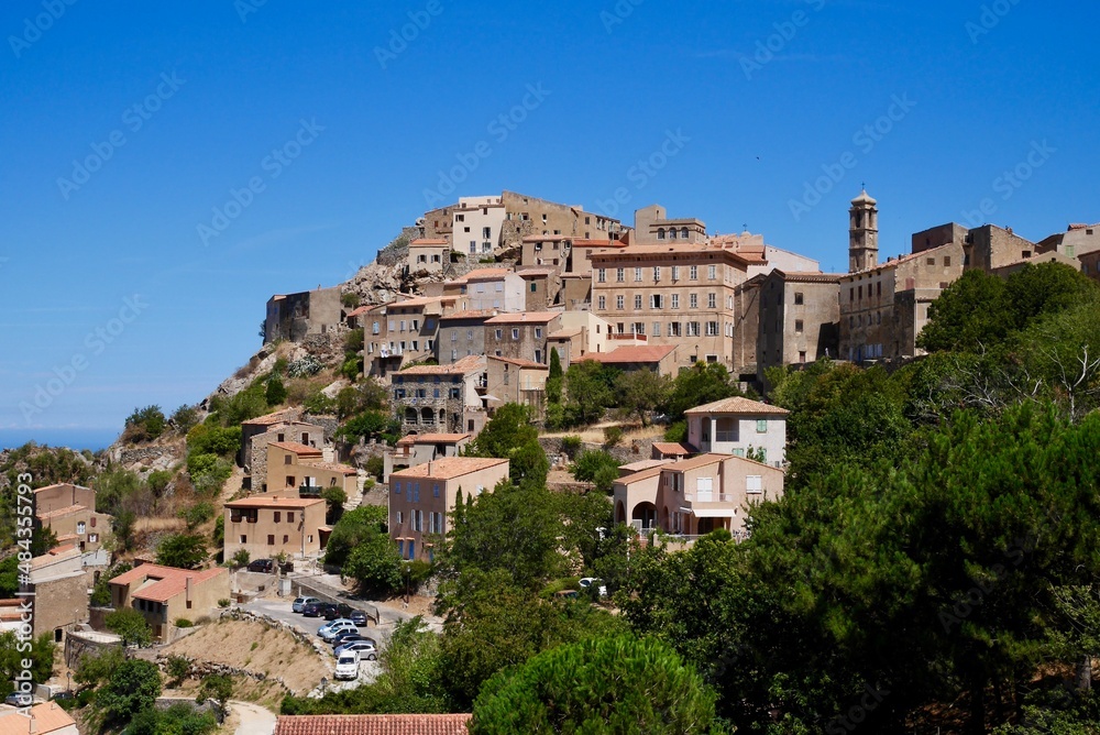 Panoramic view of Speloncato, a picturesque hillside village in Balagne. Corsica, France.