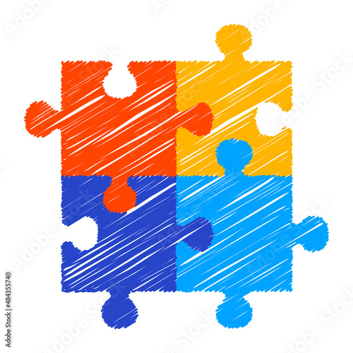 World autism awareness day, month. Colorful puzzle vector design hand drawn sign. Symbol of autism. Sketch. Medical flat illustration. Health care