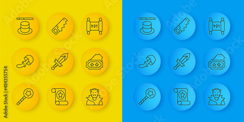 Set line Magic wand, Psilocybin mushroom, Medieval sword, Vampire, Ticket, hat, scroll and Hand saw icon. Vector
