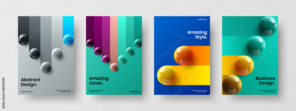 Abstract pamphlet design vector illustration composition. Bright 3D spheres postcard template collection.