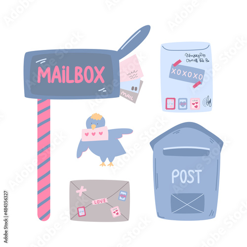 Cute set of postal elements. Mailboxes, envelopes. Vector illustration in flat cartoon style. Love theme. Valentine's Day