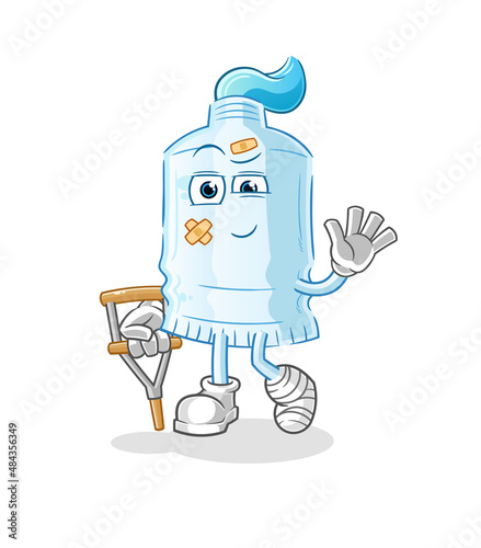 toothpaste sick with limping stick. cartoon mascot vector