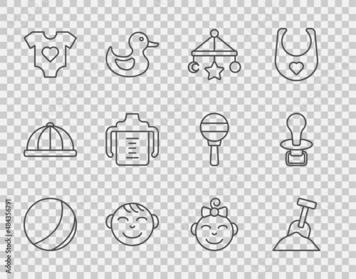 Set line Beach ball, Sandbox with sand and shovel, Baby crib hanging toys, Little boy head, clothes, bottle, girl and dummy pacifier icon. Vector