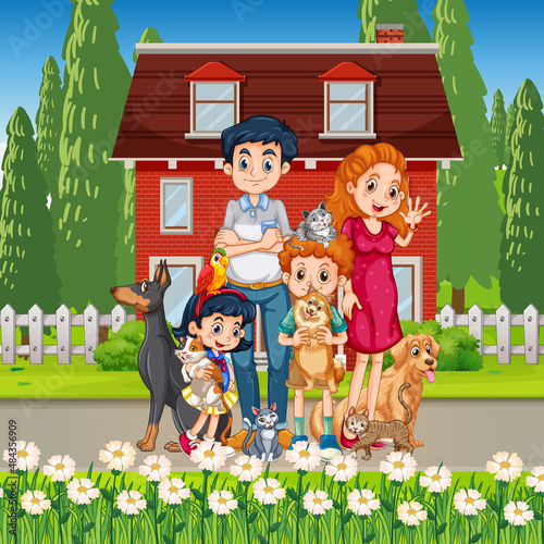 Outdoor scene with happy family and dogs