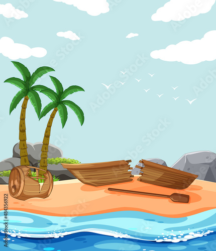 Deserted island with broken boat lying on the beach