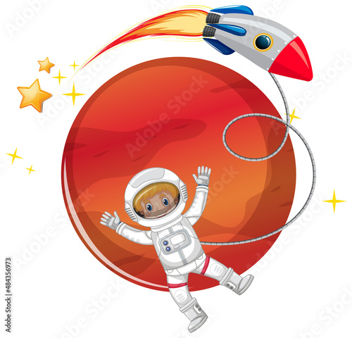 Isolated astronaut with planet and rocket