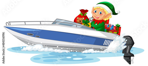 Christmas elf on speed boat with his gifts