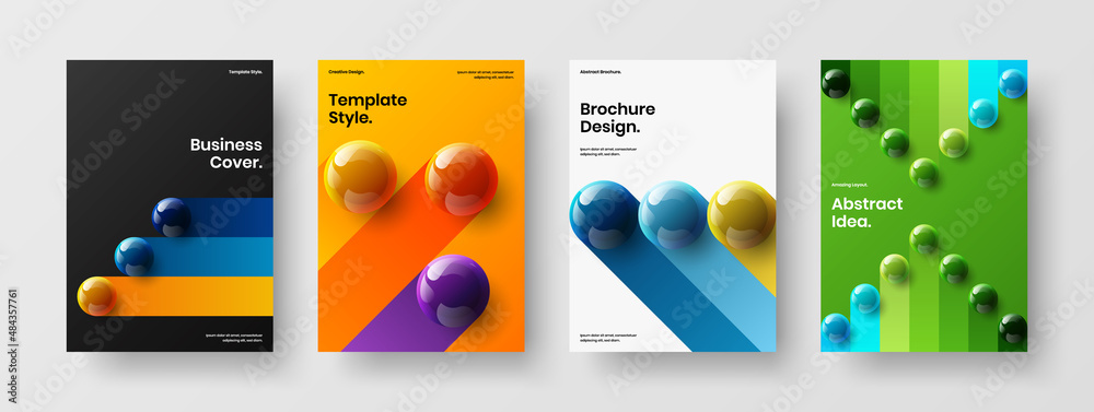 Clean cover A4 design vector layout collection. Fresh 3D spheres front page illustration bundle.