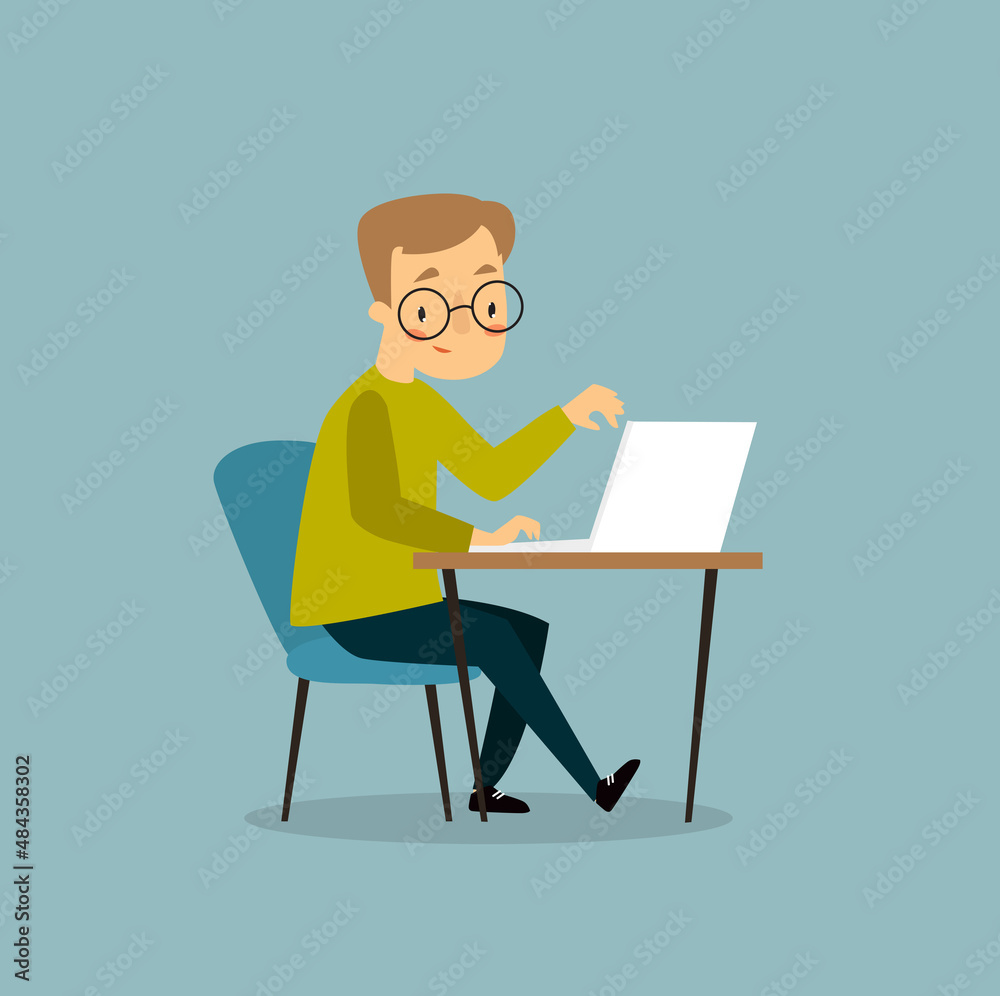 Print. Cartoon writer working at the table. Writer working on laptop
Print. Cartoon writer working at the table. Writer working on laptop