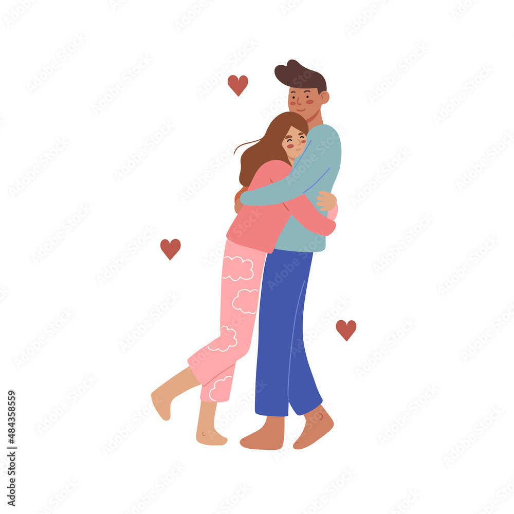 Cute boy and girl couple in pajamas, spending time together at home, hugging. Isolated vector illustration Cute boy and girl couple in pajamas, spending time together at home, hugging. Isolated vector illustration