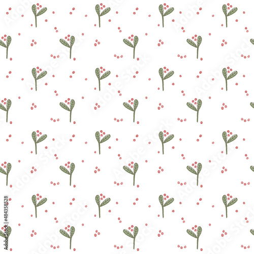 Watercolor seamless pattern with bushes and berries of stone berry