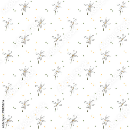 Watercolor seamless pattern with chamomile and pollen particles