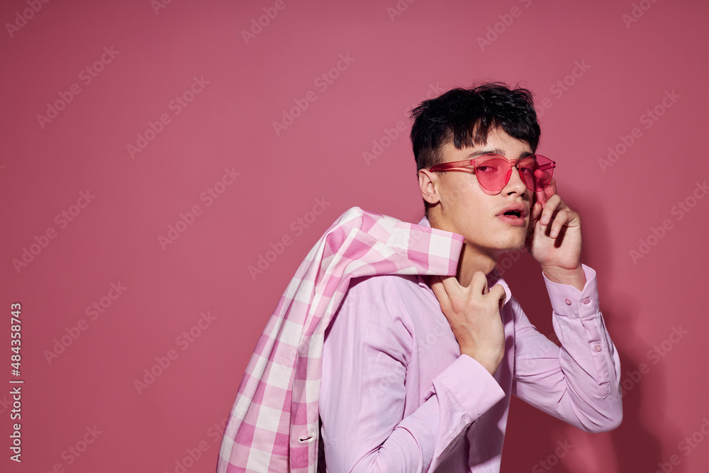 handsome guy plaid blazer pink glasses fashion modern style isolated background unaltered handsome guy plaid blazer pink glasses fashion modern style isolated background unaltered