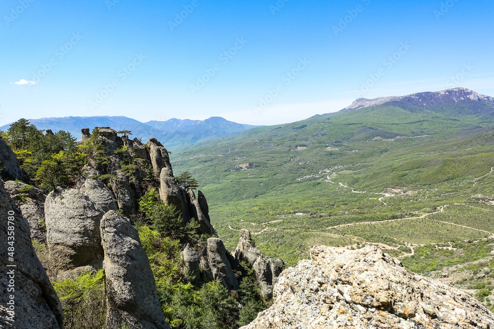 View of the Chatyr-Dag plateau from the top of the Demerji mountain range in Crimea Russia