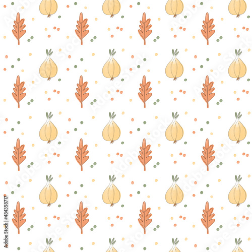 Watercolor seamless pattern with red autumn leaves and bulbs