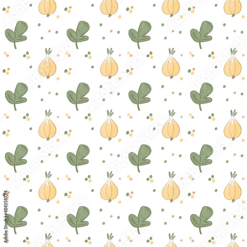 Watercolor seamless pattern with green leaf and bulb