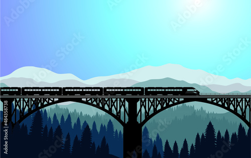 Train and mountain birds at sunset night.