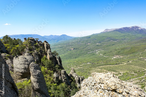 View of the Chatyr-Dag plateau from the top of the Demerji mountain range in Crimea Russia