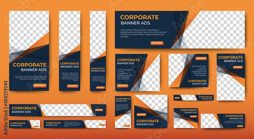 set of corporate web banners of standard size with a place for photos. Editable text. Vertical, horizontal and square template
