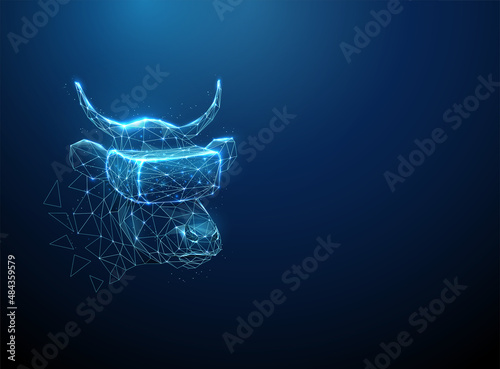 Abstract blue cow wears virtual reality glasses.