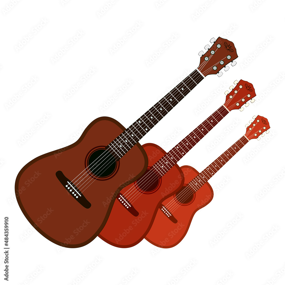Fototapeta premium Acoustic guitar, on a white background. Stringed musical instruments. flat style. Vector illustration