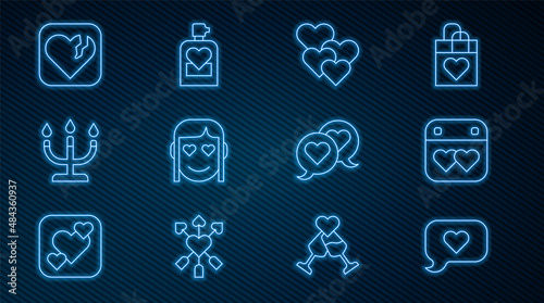 Set line Heart in speech bubble, Calendar with heart, Romantic girl, Candlestick, Broken or divorce, and Perfume icon. Vector