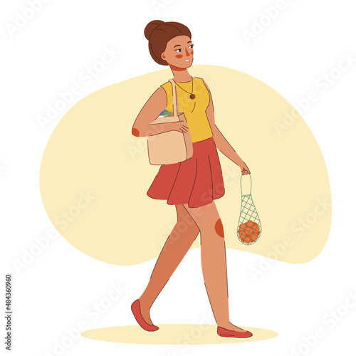 Shoping walking happy woman with products. Vector