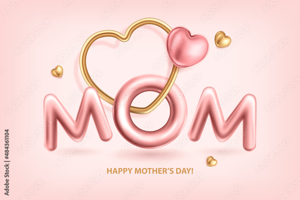 Greeting card to Happy Mothers Day with glossy inscription MOM, gold and pink hearts on a pastel rose background. Vector illustration