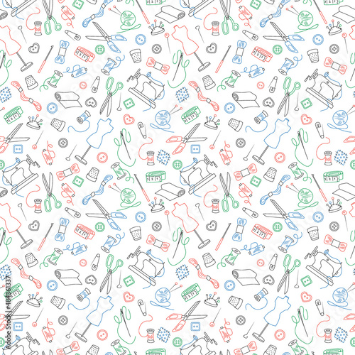 Seamless pattern on the theme of needlework and sewing , simple outline icons ,colored markers on white background