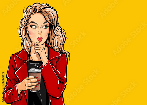 Thinking Pop Art woman with coffee cup. Advertising poster or party invitation with sexy girl with amazed face in comic style.