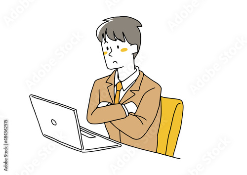 ノートパソコンの前で考え事をしている男性　コミカルな手書きの人物　ベクター、線画にシンプルな色つけ　